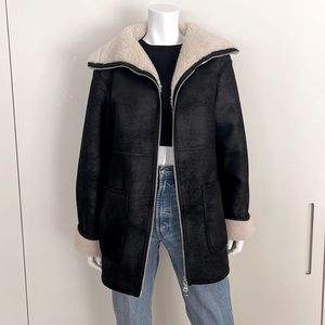 MANGO Faux Leather Oversized Shearling Coat in Black